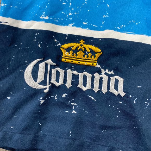 Vintage Corona Extra Beer Swim Trunks Men Medium M White Yellow Blue Stripes 90s - Picture 2 of 13